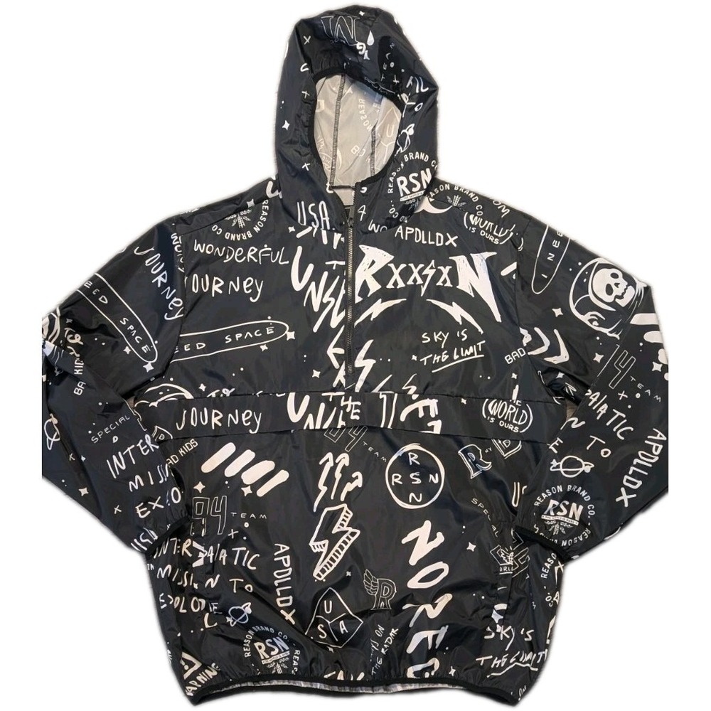 Vtg Reason 2XL Windbreaker Streetwear Pocket NO REGRETS Skulls Y2K 90s Spell Out